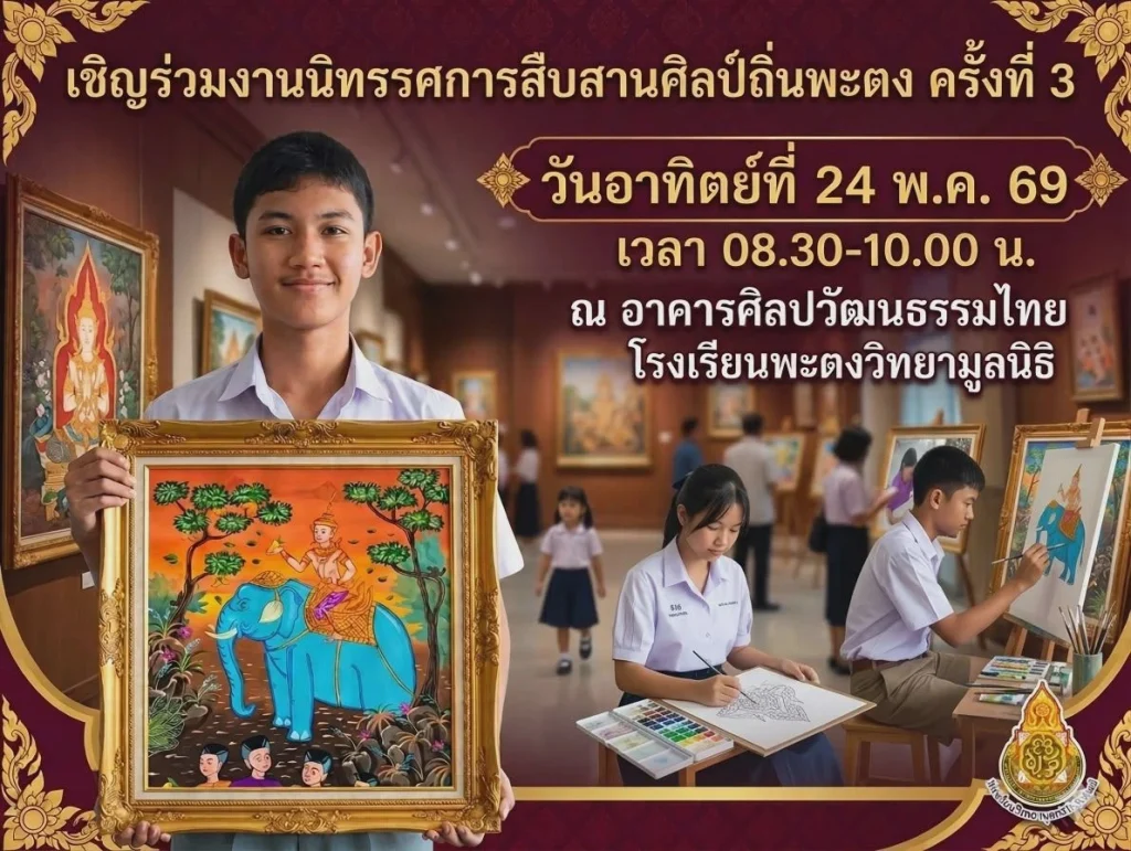 ขอเรียนเชิญท่านผู้ปกครองและผู้ที่สนใจ เข้าร่วมงานนิทรรศการสืบสานศิลป์ถิ่นพะตง ครั้งที่ 3