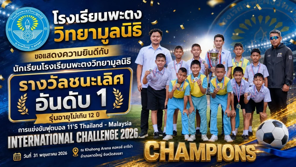 โรงเรียนพะตงวิทยามูลนิธิ ขอแสดงความยินดีกับ นักเรียนโรงเรียนพะตงวิทยามูลนิธิ รางวัลชนะเลิศ อันดับ 1 รุ่นอายุไม่เกิน 12 ปี