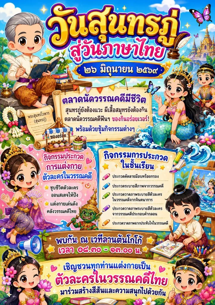 ขอเชิญชวนทุกท่านแต่งกายเป็นตัวละครในวรรณคดีไทย 🧜‍♀️ มาร่วมสร้างสีสันและความสนุกไปด้วยกัน ในวันสุนทรภู่สู่วันภาษาไทย วันที่ 26 มิถุนายน 2569