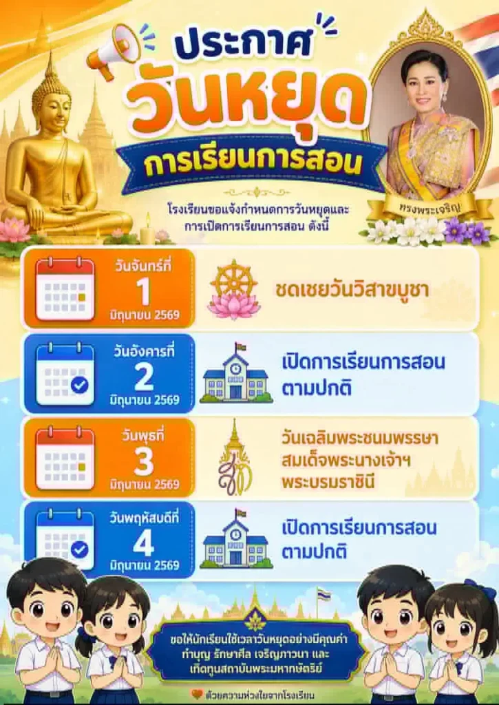 ประกาศวันหยุดและการเรียนการสอน