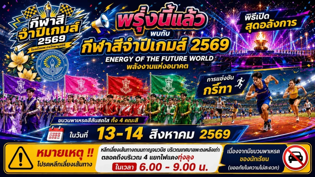 พรุ่งนี้แล้วพบกับกีฬาสีจำปีเกมส์ 2569 Energy of the Future World พลังงานแห่งอนาคต